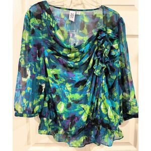 Marc Bouwer‎ Womens XL Blue Green Abstract Ruffle Smocked Blouse Top 3/4 Sleeve